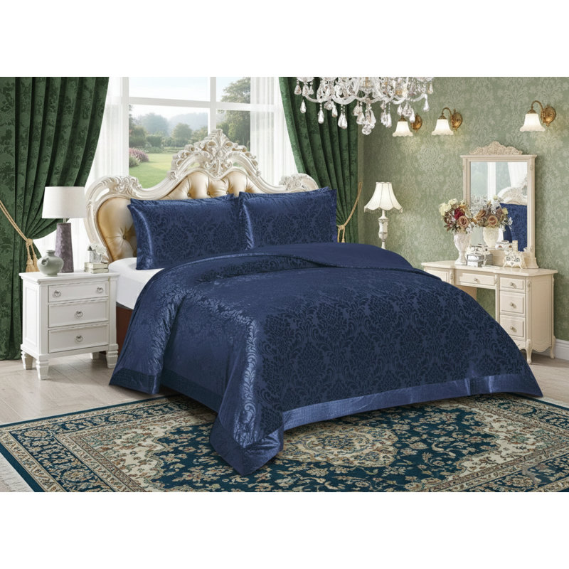 Emilia Bedspread Set with Pillow Shams – Luxury Jacquard Damask Coverlet Bedding for Double, King & Super King Sizes, Blue