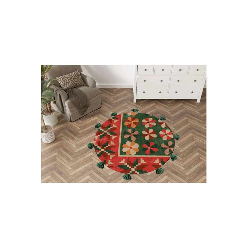 Green Pink Themed Mixed Shape Patterned Modern Woven Base Round Decorative Carpet, Round 3'4"