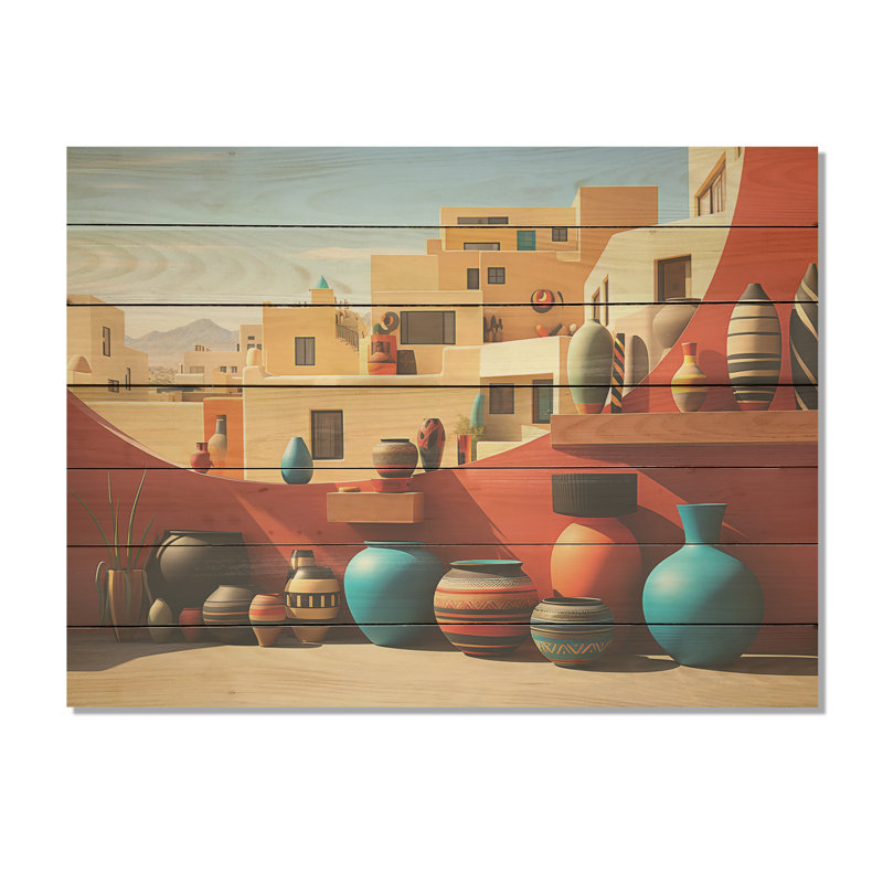 «Red Cubist Pottery Formation - Poterie bohème sur bois», H 10 po x l 20 po x P 0,78 po