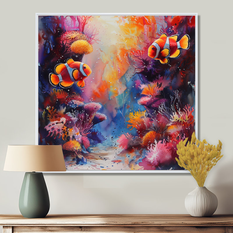 Orange, rose, poisson clown, corail, marine majestueuse - art mural de mur de corail, salon, Encadrement argenté