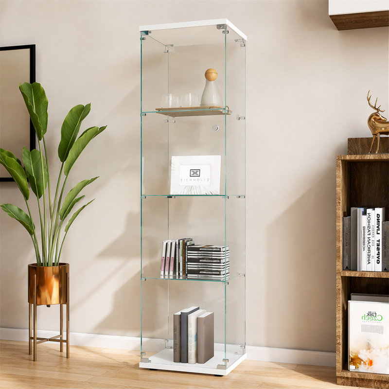 Vitrine en verre avec 4 portes et 4 tablettes, H 64,56 po x l 16,73 po x P 14,37 po, White