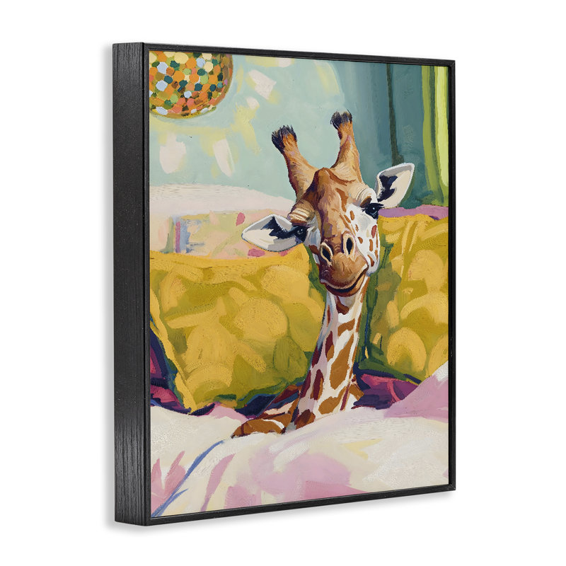 Cozy Giraffe in Bed, giclée encadrée, design par The Prints Vibe, 30 x 24, Midnight Black Giclee Framed
