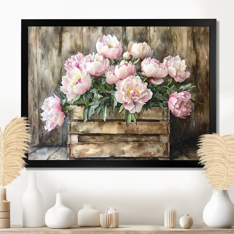 Pivoine campagnarde - Bouquet de pivoines, Reproduction encadrée d'une seule photo, H 30 po x l 40 po, Noir