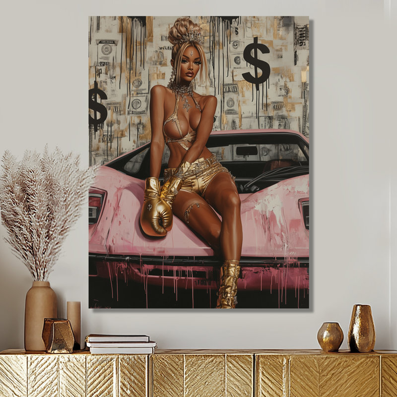 Femme luxueuse et luxueuse sur une voiture exotique, Toile tendue, H 32 po x l 24 po