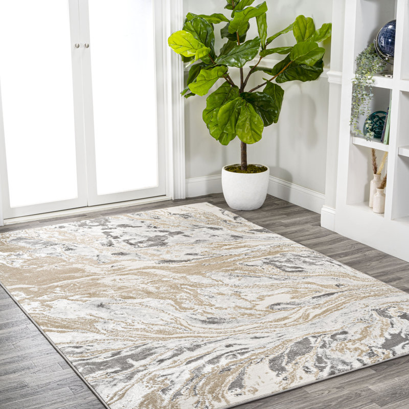 Bille Marbled Abstract Beige/Ivory Rug, Rectangle 4' x 6'