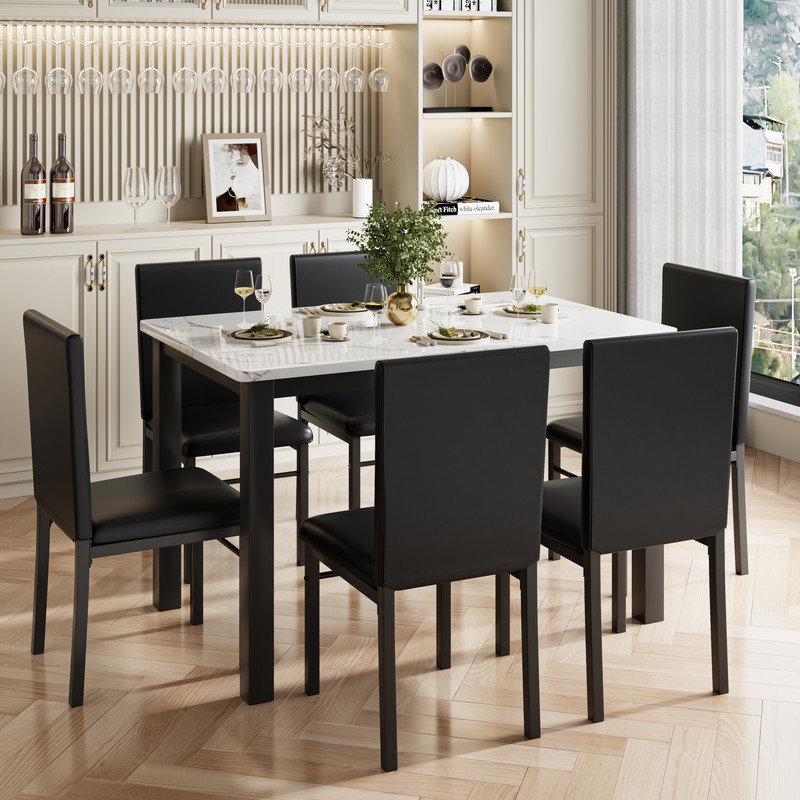 7 Piece Dining Table Set for 6, Marble Kitchen Table & PU Leather Chairs, Faux Marble Small Space Dining Table, White+Black, Living/Dining Room