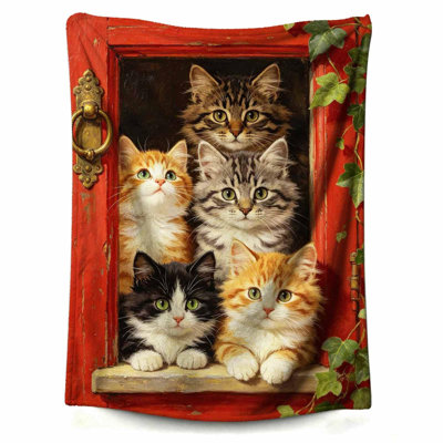 Couverture charmante de cinq chats sur une porte rouge, jeté en laine douce et confortable, jetés pour canapé, voiture de bureau, camping, yoga, voyage, décoration de maison, peluche douillette, 30 x 40 po
