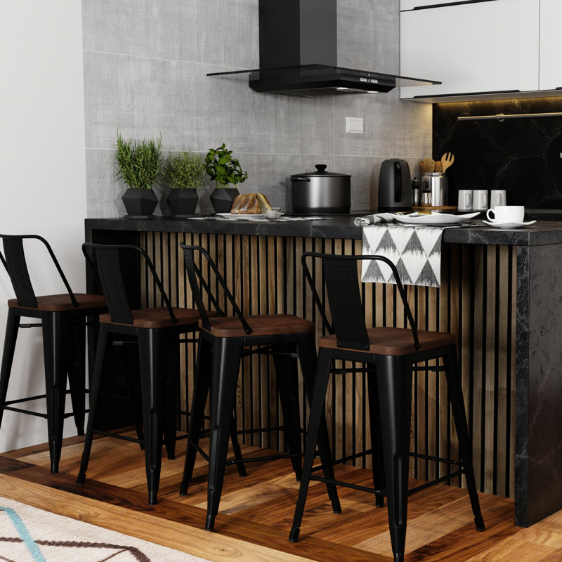 Tabouret à hauteur de comptoir en métal et bois (4) - Élégant siège à dossier incurvé et solide avec accoudoir croisé thermolaqué noir, 4 tabourets au design industriel et sièges pour la stabilité