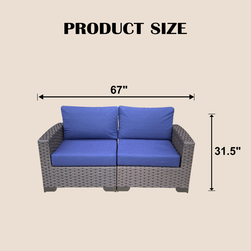 2-Person All-Weather Outdoor Wicker Loveseat Patio Sofa with Cushions, 330 LBS Modular Conversation Bench with Removable Washable Cushions for Backyard, Porch, Deck, Navy Blue