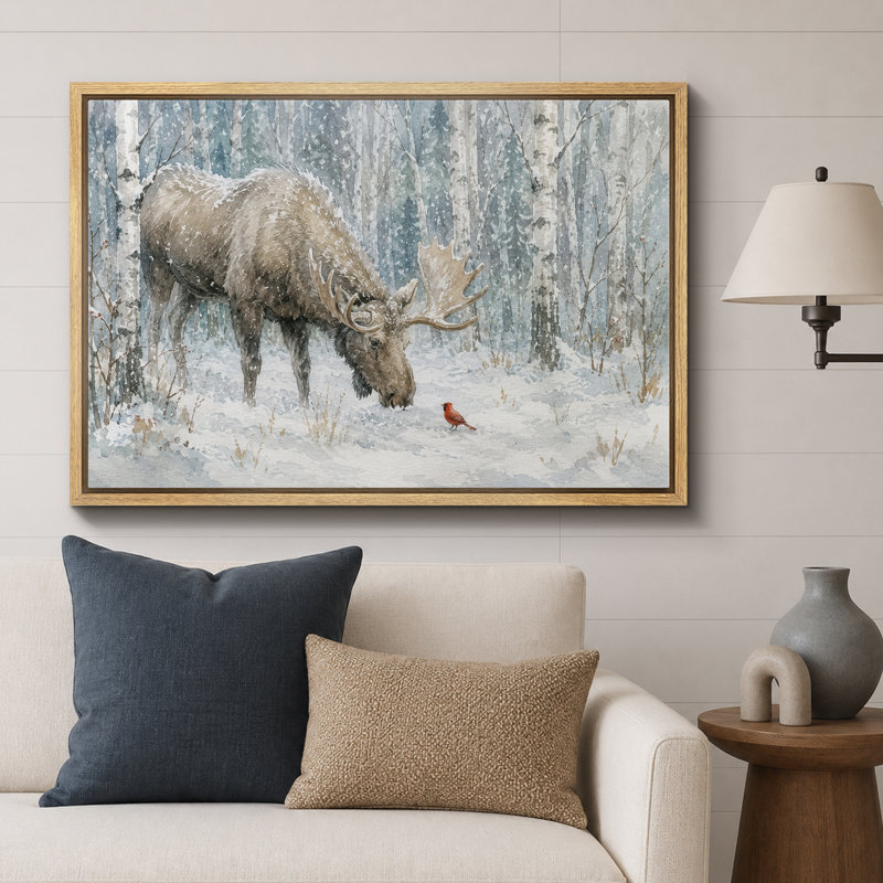 «Winter Moose Forest», reproduction d'art giclée sur toile encadrée, H 16 po x l 24 po x P 1,5 po, Cadre naturel