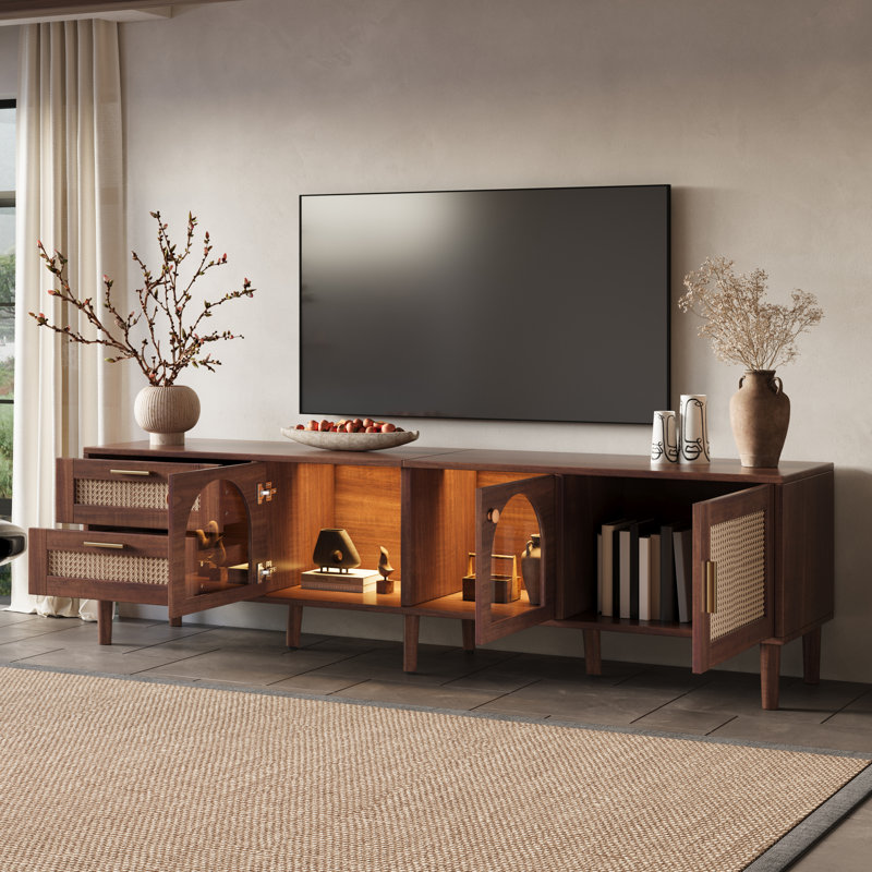 Meuble télé d'inspiration rotin pour téléviseur de 80 po ou moins, console multimédia, centre de divertissement à lumière DEL, avec 3 armoires et 2 tiroirs, meuble télé pour le salon, la chambre à coucher, le cinéma maison, facile à assembler