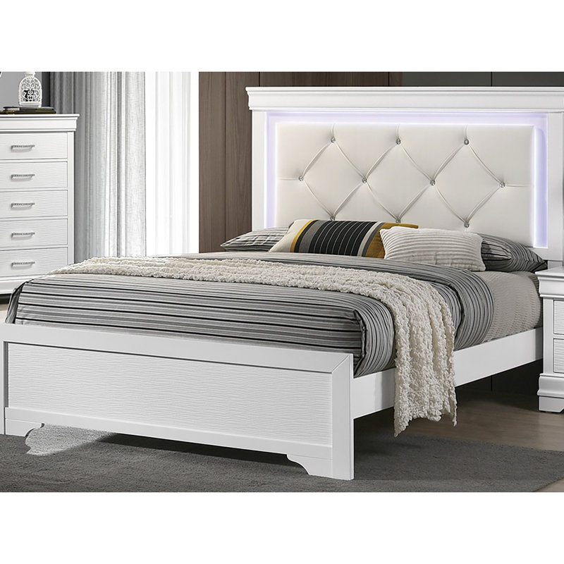 Grand lit avec similicuir blanc, structure en bois massif, DEL intégrées et boutons pour chambre à coucher en cuir contemporain bas