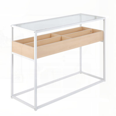 Console contemporaine avec plateau en verre trempé et compartiments de rangement