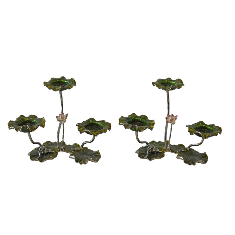 Two Sets Of Candle Holders Made Of Enameled Metal Size: 8" X 5" X 6"H