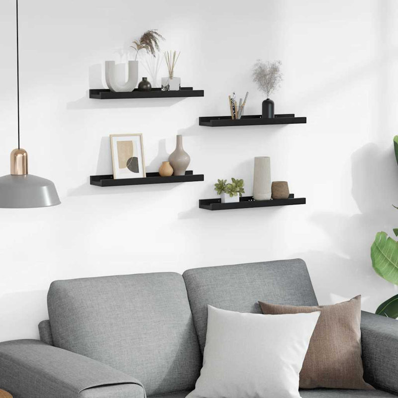 Latitude Run® Wall Shelves 4 Pcs Sonoma Oak 45.3"X3.5"X1.2", Black, 1.2" H x 15.7" W x 3.5" D