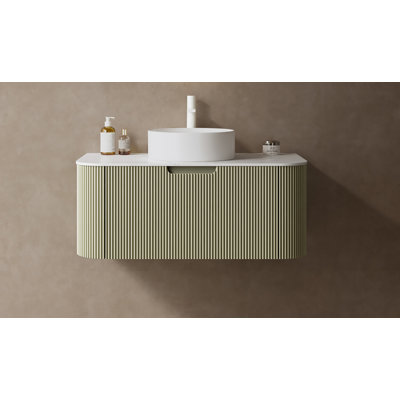Meuble-lavabo de salle de bain 36 po avec lavabo, meuble de rangement mural moderne à bords arrondis et courbes avec tiroir, lavabo rond en céramique blanc sans robinet, pré-assemblé, vert clair