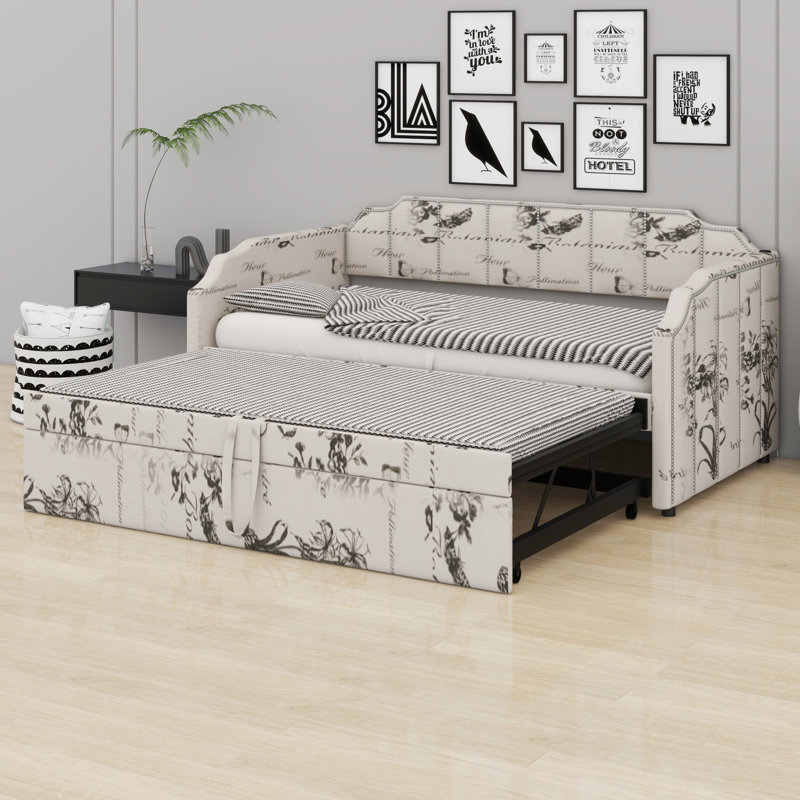 Stylish Upholstered Daybed with Pop-Up Trundle and USB Charging Function, Botanical Print