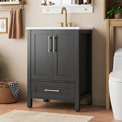 24" Bathroom Vanity with Sink, Wood Cabinet with Storage Drawer & Soft Close Doors, Black
