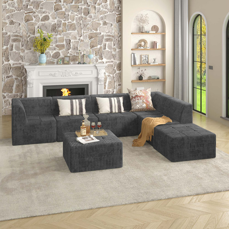 Canapé modulaire Boneless L, Velours côtelé gris