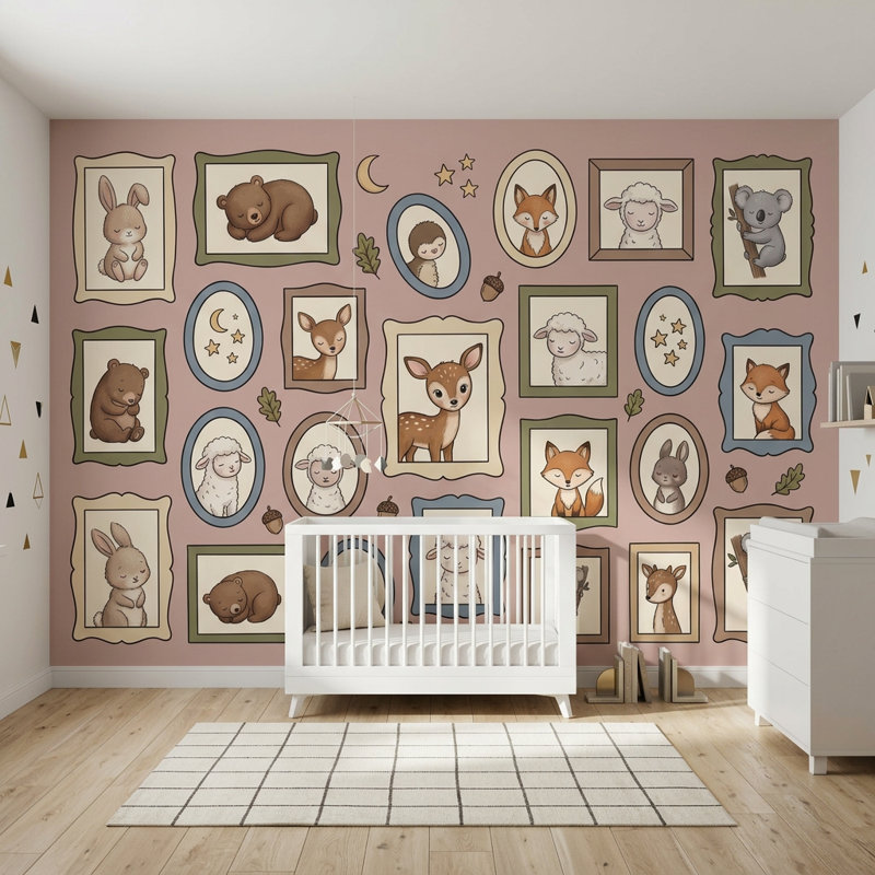 Papier peint de chambre de bébé animaux de la forêt, 100 po x 96 po, Peler et coller