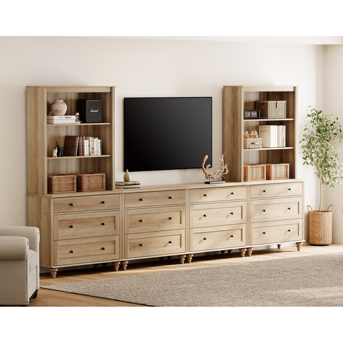 Scarlett Farmhouse TV Stand With Bookshelves For, Modern Entertainment Center With Storage, TV Console For Living Room, Bedroom