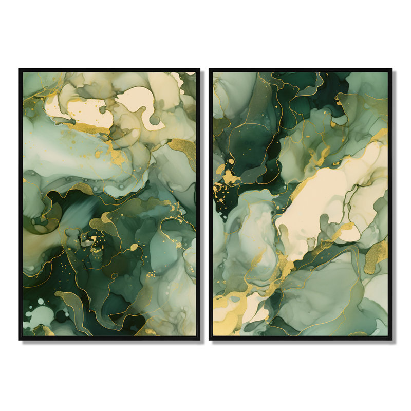 «Green Luxury Abstract Fluid Art I», art mural vert, H 36 po x l 48 po, Impression encadrée flottante sans passe-partout