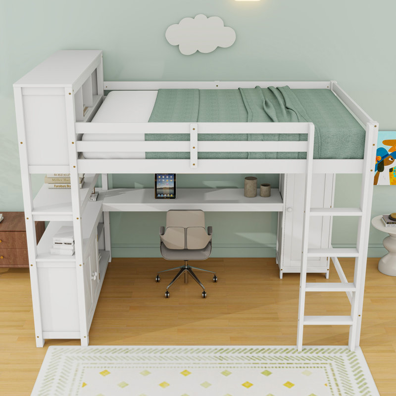 Queen Wood Loft Bed With Wardrobe, Desk And Cabinet, White