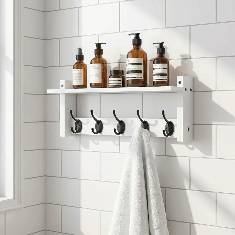 Wall Mounted Wood & Iron Coat Rack With Shelf, Hanging Wall Hook Shelf For Entryway, Hallway & Bathroom (White), White