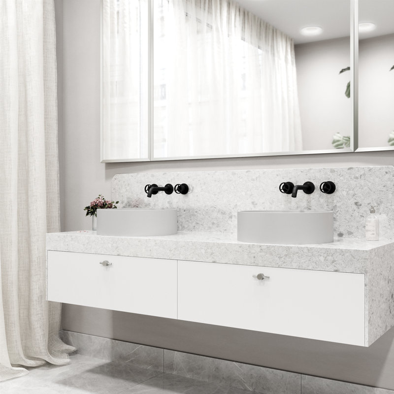 Matte Black and White Round Stone Vessel Sink with Faucet