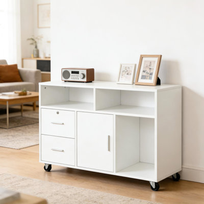 Rangement de bureau de style nordique avec tiroirs verrouillables - 3 tablettes, 2 tiroirs, armoire, roulement lisse, facile à nettoyer, L 39,25 po x l 13,75 po x H 25,5 po, grande capacité pour armoire mobile et conception de cuisine, 4
