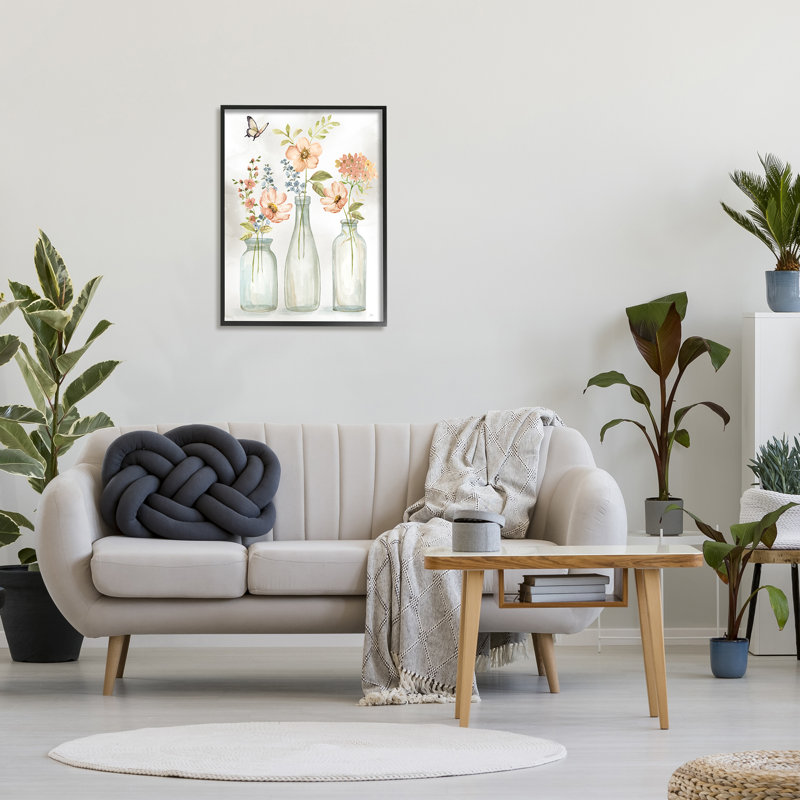 «Pink Blossoms Butterfly Arrangement» par Nan - peinture à cadre flottant sur bois, Giclée encadrée noir minuit