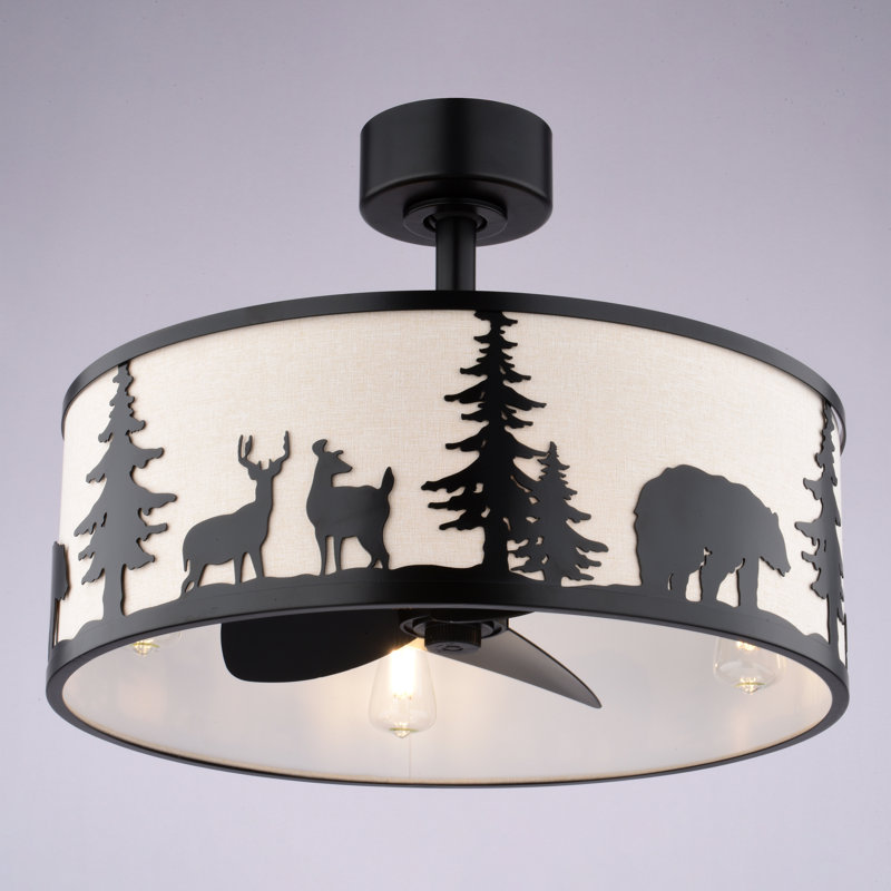 Forough 20 in. Bronze Indoor Rod Mount Rustic Fandelier Ceiling Fan with Black Blades, Dimmable LED Light Kit and Remote Control Included, 3 Speeds, Wildlife White Linen Drum Shade