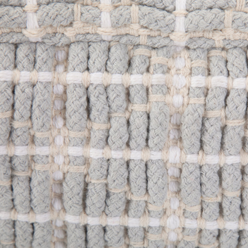 Noreen 18"W Upholstered Handwoven Cotton Boho Square Pouf in Light Blue and White, Light Blue, White