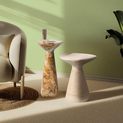 Modern Faux Stone Side Table Travertine and Onyx Finish Set of 2 for Indoor and Outdoor Use