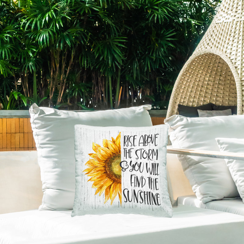 Coussin d'extérieur «Find The Sunshine» rustique tournesol édifiant par Patricia Pinto