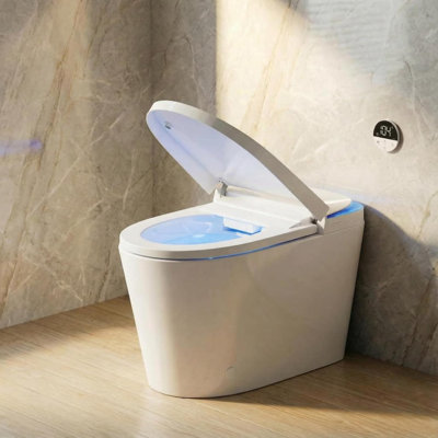 Toilette intelligente avec couvercle à ouverture / fermeture automatique, bouclier en mousse et capteur de pied, toilette une pièce avec siège chauffant allongé, veilleuse et affichage à DEL