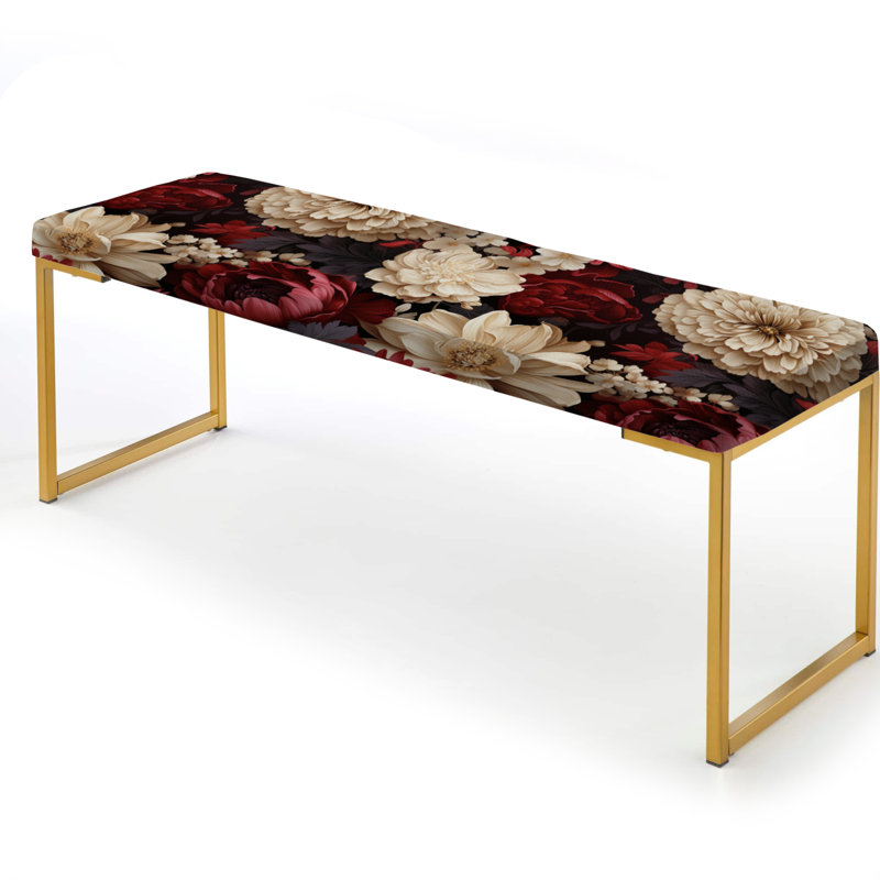 Upholstered Gold Bench, Renaissance Red Peonies Botanical Pattern II