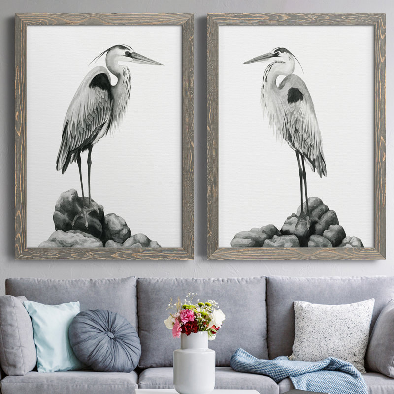 Shoreline Heron en toile de qualité supérieure - Prêt à accrocher, H 20 po x l 34 po x P 1,5 po, Toile avec cadre gris