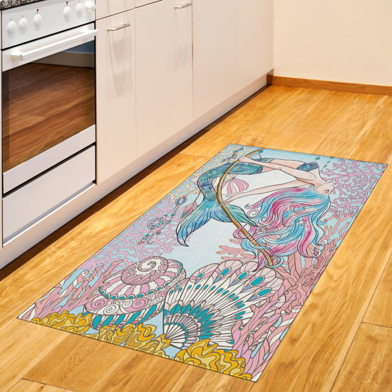 Mermaid Cartoon High Density Long Fiber Poly Threads Decorative Area Rug Carpet, Rectangle 2'6" x 5'