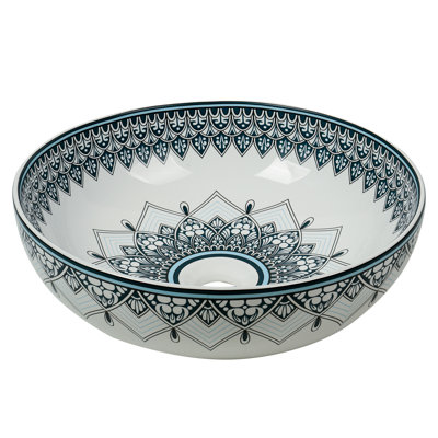 16" Round Artistic Ceramic Vessel Sink – Glossy Above-Counter Basin with Hand-Inspired Printed Pattern