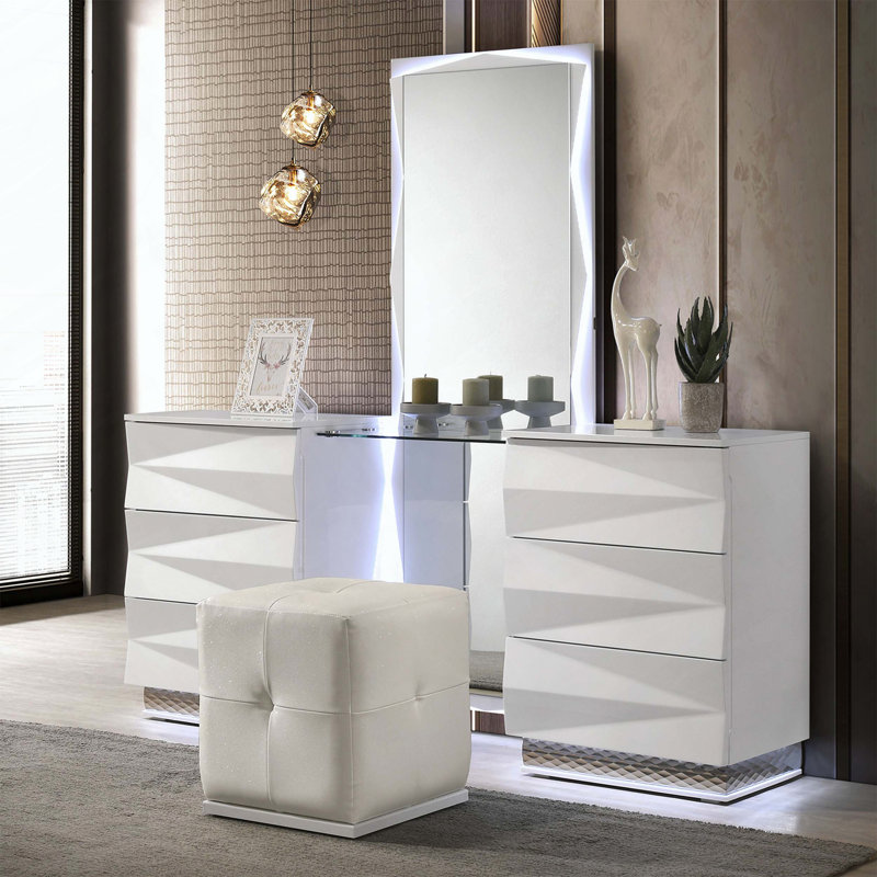 Ensemble coiffeuse blanche avec miroir, tiroirs de rangement, style contemporain
