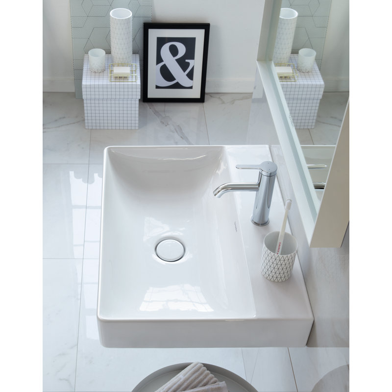 White Ceramic Rectangular Wall Mount Bathroom Sink, 8" Centers