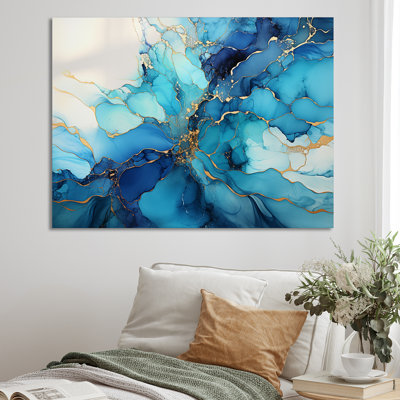 Orage encre dorée et tempête bleue - Décoration murale abstraite