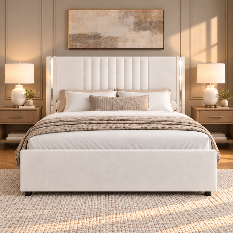 Lit plateforme tapissier Velvet, Lit double, Blanc
