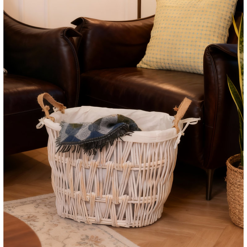 White Wicker Storage Basket with Handles – Decorative Woven Organizer for Home, White