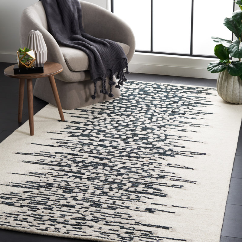 Tapis abstrait en laine / coton touffeté à la main Metro en ivoire / noir, Rectangulaire 8 pi x 10 pi