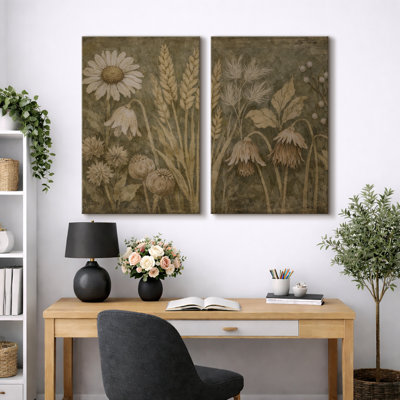 «Vintage Wildflower and Wheat Botanical Composition», reproduction d'art sur toile encadrée