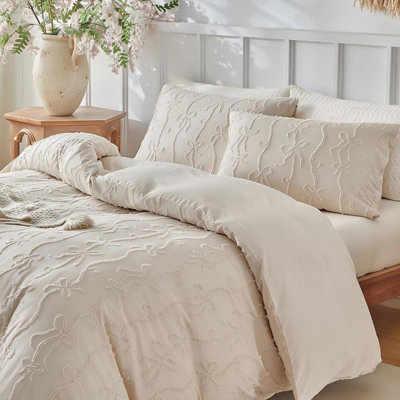 Bow Tufted Boho Duvet Cover Set Khaki Farmhouse Shabby Chic Embroidered Bedding For All Seasons With Comforter Cover With Pillowcases