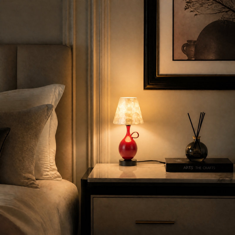 Red Ceramic Mini Table Lamp with Capiz Shade