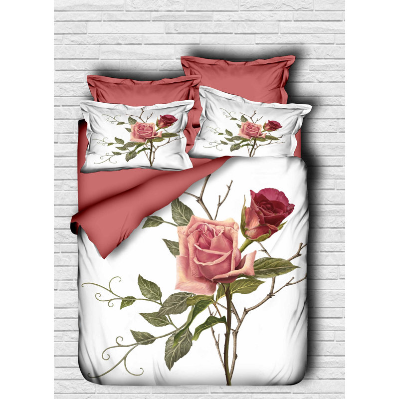 Ensemble de housse de couette simple de luxe, rose et vert | Housse de couette 63 x 87, drap plat 63 x 94, 2 taies d'oreiller 20 x 28 | 100% polyester de polyester et coton, fermeture à glissière, lavable à la machine, impression élégante en 3D